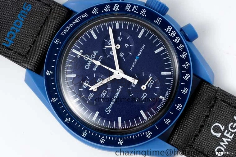 0211 ZipUp Speedmaster Misson To Neptune 1:1 Best Edition Blue Dial On Nylon Strap Quartz 7854